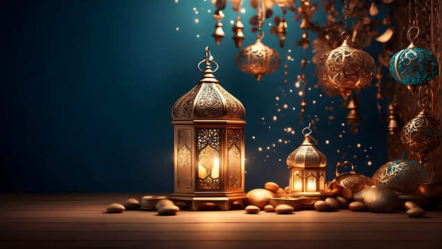 illustration of eid Mubarak night with light of a lamp, paper style, luxury happy Eid background,