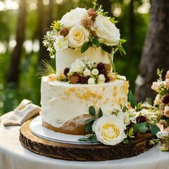 Elegant Wedding Cake Adorned with Fresh Florals and Golden Accents