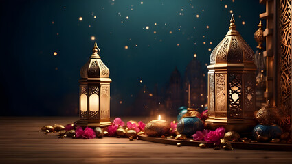 illustration of eid Mubarak night with light of a lamp, paper style, luxury happy Eid background,