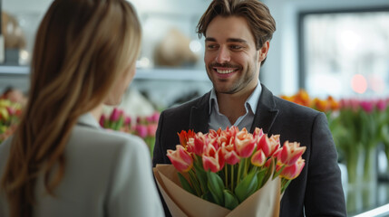 A man buys flowers at a flower shop.
