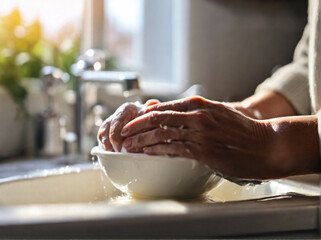 Senior woman washing dishes in at the kitchen sink