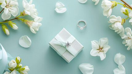 White freesia flower and gift box