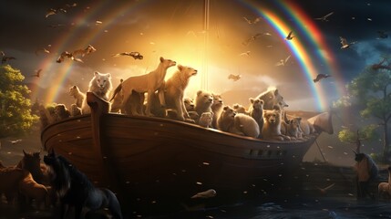 Noah's Ark Showcasing the Animals and the Rainbow


