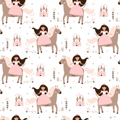 Seamless pattern with Little princess girl on horse. Vector illustration.