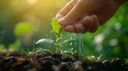 Close up picture of hand watering the sapling of the plant