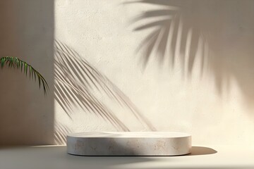 Fototapeta na wymiar Minimal Mockup Empty Stone Podium With Sunshade Shadow Palm Leaf on Concrete Wall Abstract Background 3d Render.