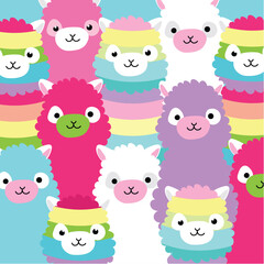 Alpaca family portrait. Cute, funny baby animal faces, portraits. Illustration for printing on fabric, postcard, wrapping paper, book, picture, wall. Cutie crowd, happy pandemonium of animals in zoo