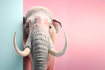 Creative animal concept. Mammoth elephant peeking over pastel bright background. advertisement, banner, card. copy text space. birthday party invite invitation