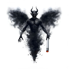 Close-up scared devil holding cigarette or tobacco with dark smoke isolated in white background, World No Tobacco Day, Unhealthy life style, Lung cancer prevention concept.