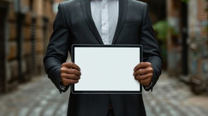 Businessman holding a tablet, white blank screen. Professional business executive using modern technology. Corporate, technology, business communication concepts.