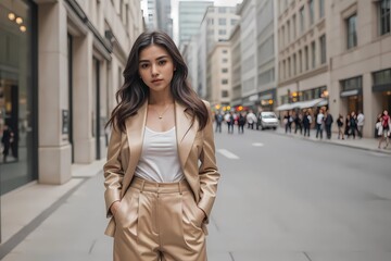 Fototapeta premium Young Stylish Woman Strides Confidently Through Busy Street