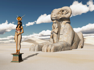 Göttin Hathor und Widder Sphinx in einer Sandwüste - 726272492