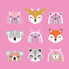 Cute baby animal faces, portraits. Fox, deer, koala, cat, racoon, unicorn, alpaca, lama, bunny. Illustration for printing on fabric, postcard, wrapping paper, book, picture, wallpaper, kid room decor