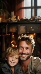 Heart-warm picture of father and son smiling happily. There is a copy space for entering text suitable for presenting warm family topics. The love between father and son is the strongest relationship.