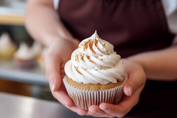 Closeup view of hands of female confectioner or baker holding fresh decorated cupcake with whipped cream top - obrazy, fototapety, plakaty