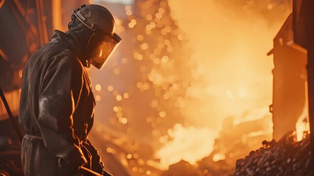 Clad in protective gear, a blast furnace worker strains against the intense heat as he shovels raw materials into the blazing furnace.