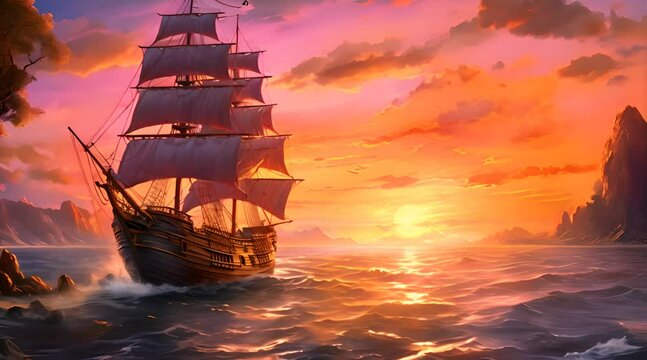 Abstract animation of a pirate ship . Dynamic, nautical, animated waves, pirate flag, Jolly Roger, adventurous, seafaring, thrilling, high seas, animated quest. Generated by AI.