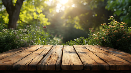 Wooden table in garden. Space text or product. Good Mock up.