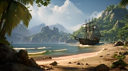 Abstract animation swashbuckling pirate ship sailing the seas. Dynamic, nautical, seafaring, animated waves, pirate flag, Jolly Roger, seafarer's spirit. Generated by AI.