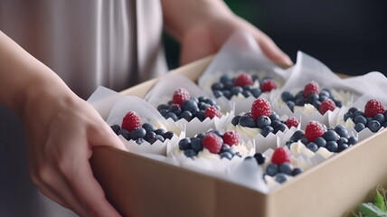 Closeup view of hands of female confectioner or baker packing fresh decorated muffins with cream top to delivery craft box. Ready cupcakes with berries in package.