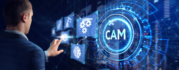 CAM Computer-aided manufacturing industrial technology automation concept.