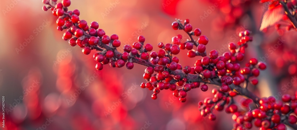 Poster selective focus on the close-up of a beautiful red scumpia tree, a deciduous tree and shrub in the s