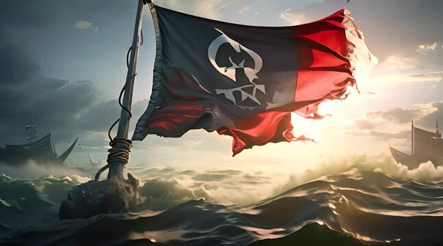 Abstract animation pirate ship flag. Dynamic, nautical adventure, animated waves, pirate flag, Jolly Roger, swashbuckling, seafaring, thrilling, high seas. Generated by AI.