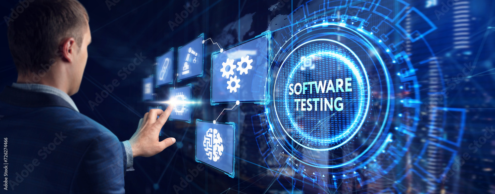 Poster inscription software testing on the virtual display. business, modern technology, internet and netwo