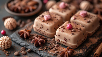 White chocolate pralines dessert with raspberry filling and cocoa dusting on a stone slate plate. Chocolaterie banner idea. Confectionery website landing page/advertising idea. 