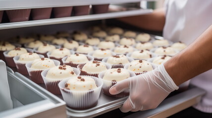 Close up view of hand in glove of baker man with a tray of cupcakes. 