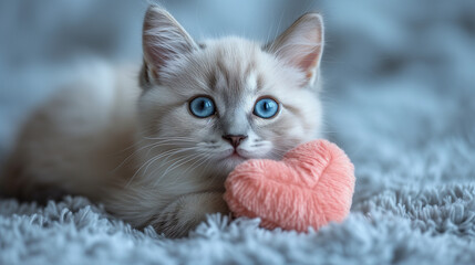 Kitten with a heart plush. Silver and cream tabby kitten with vibrant blue eyes holding a fluffy heart-shaped toy. Blue grey studio background. In the style of a cute animal Valentine's Day card.