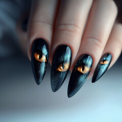 Black long almond nail idea with dragon eyes. Dark and mysterious nail art in the style of she-dragon. Strong, fearless women nail art. Nail salon website landing page idea, portrait orientation.