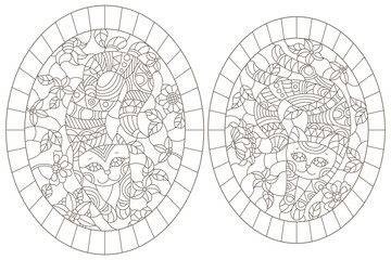 A set of contour illustrations of stained glass cats on a background of flowers, dark outline on a white background