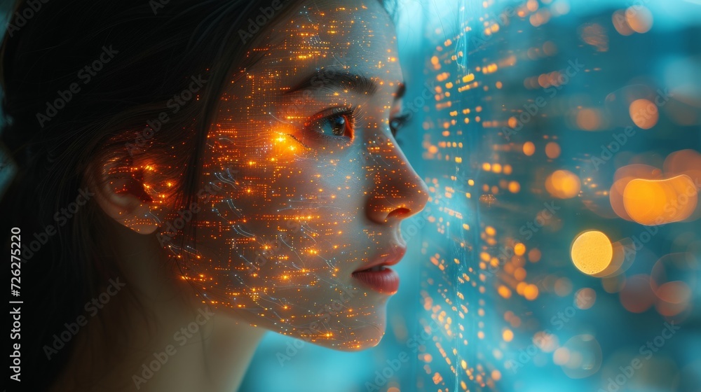 Leinwandbilder A double exposure of a businesswoman and a Big Data concept. The introduction of artificial intelligence. The cyberspace of the future. Science and technology innovations.