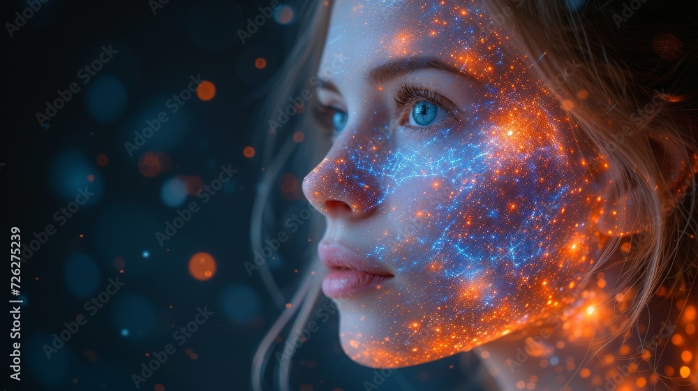 Poster Exposure of a business woman and a Big Data concept, digital neural networks, introduction to artificial intelligence, and cyberspace as the future. Science and innovation of technology are all