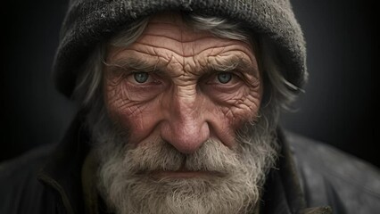 A man with a rugged countenance, showing signs of premature aging due to excessive exposure to harsh weather conditions. His furrowed brow hinting at the struggles he has faced in his life.