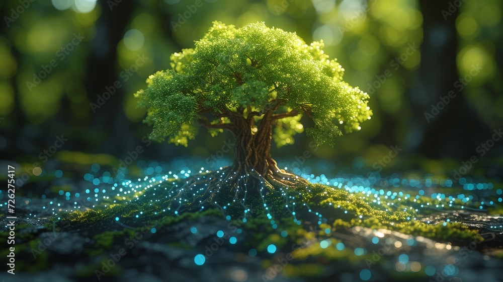 Poster Circuit digital cube with tree growing on top. Blue light and wireframe network background. Concept of green computing, green technology, green IT, compliance, and ethics in the workplace.