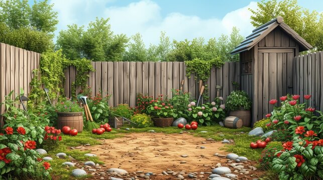 Vector illustration of spring landscape with gardening tools