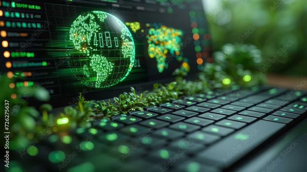 Sticker On the keyboard of the laptop, there is a green globe with stock graphs displayed on the laptop screen. This is a green business concept. Carbon efficient technology. Digital sustainability. It is the