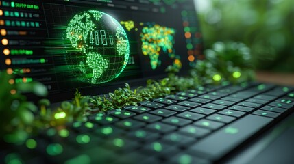 On the keyboard of the laptop, there is a green globe with stock graphs displayed on the laptop screen. This is a green business concept. Carbon efficient technology. Digital sustainability. It is the - obrazy, fototapety, plakaty