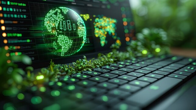 On the keyboard of the laptop, there is a green globe with stock graphs displayed on the laptop screen. This is a green business concept. Carbon efficient technology. Digital sustainability. It is the