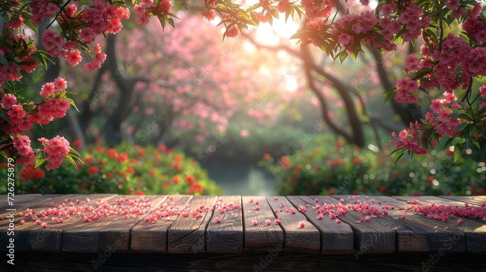 Poster template mockup for showcasing a product on a wooden table in a flower park with garden bokeh backgr
