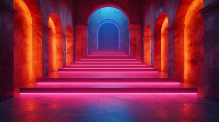 For product presentations, this neon futuristic podium or platform illustration shows a sci-fi corridor interior in a realistic style, inspired by sci-fi films - obrazy, fototapety, plakaty