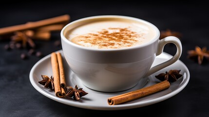 Fototapeta premium Traditional indian masala chai tea with milk and spices in a cup on table in modern kitchen