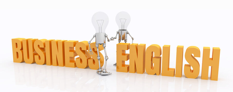 Zwei Glühbirnen Figuren mit den englischen Wörtern Business English