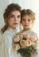 Mother and her young flower girl stand before a wall adorned with beautiful floral arrangements, the woman's wedding dress embellished with a stunning ivory headpiece and bouquet of roses
