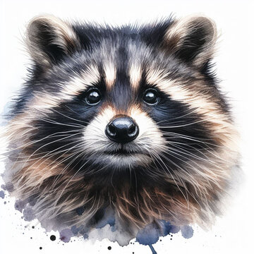 a close-up of a raccoon. The head fills most of the frame, with its thick fur rendered soft. on a white background.