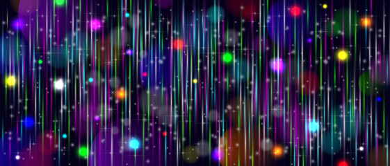 Vector bright glowing festive radiant star wide banner. Bokeh effect. Futuristic abstract flyer. Laser beams and shiny sparks. Night holiday fireworks.