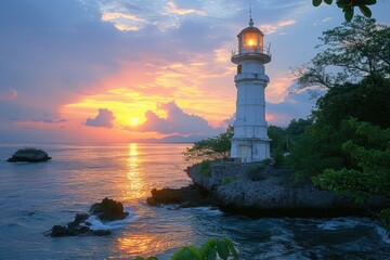 Fototapeta premium sunset view with side of lighthouse looking out at sea professional photography