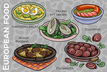 Popular Western & Central European Food Set. Hand-drawn & Vector.